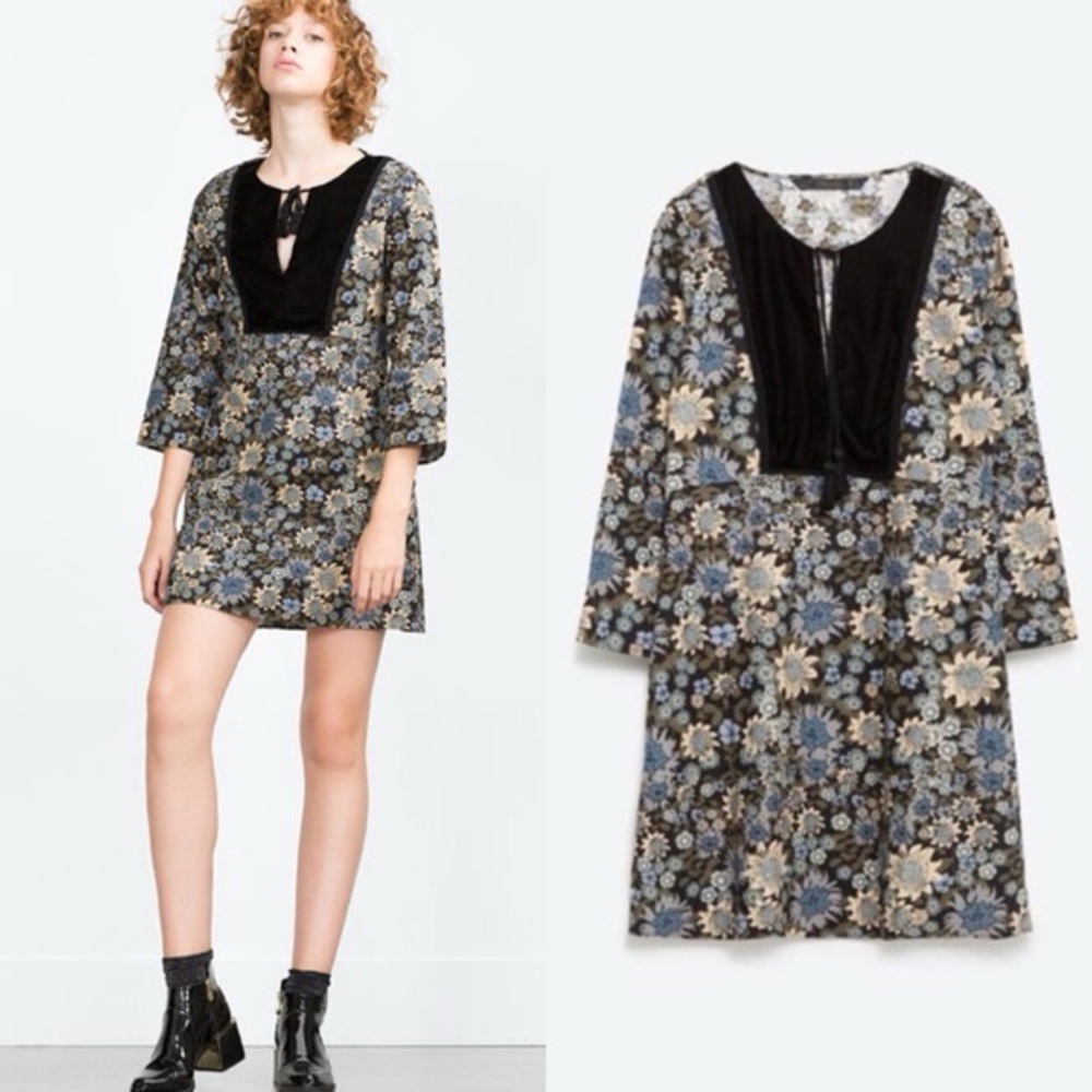 Zara Floral Mini Dress in Black and Blue